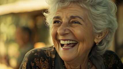 Elderly woman laughing happily outdoors
