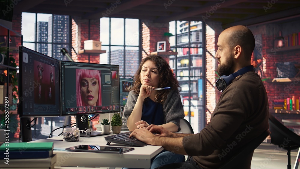 Poster creative team works with ai chatbot and editing software to improve content, applies machine learnin