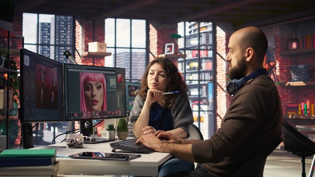 Creative team works with AI chatbot and editing software to improve content, applies machine learning and automation to generate high quality images. Generating photography. Camera A.