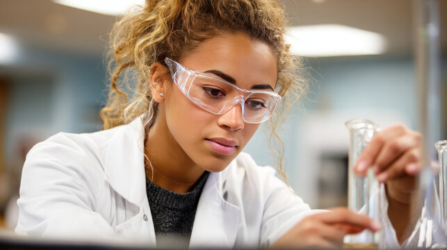 A female student working in a laboratory, performing a chemistry experiment with safety gear, focused and precise.