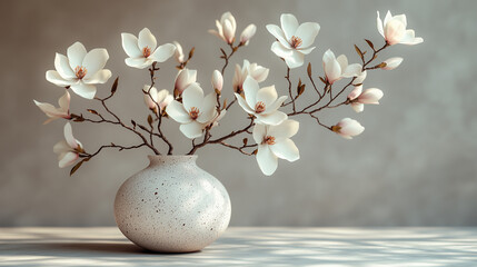 Elegant magnolia flowers in ceramic vase on textured table  