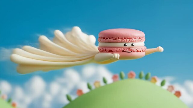 Dessert cartoon pink macaron flying through the sky with cream trail in dreamy landscape