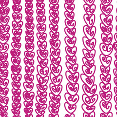 Hearts vertical ribbons seamless pattern hand drawn. Pink curly doodle symbols on white.