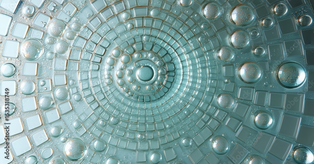 Poster Abstract liquid surface. Concentric circles, bubbles, squares create mesmerizing pattern. Teal hues dominate composition.