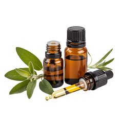 Amber Glass Essential Oil Bottles with Fresh Sage Leaves