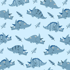 seamless pattern blue dinosaur pachyrhinosaurus illustration cute kids apparel design