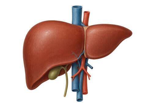 Realistic anatomical illustration of a healthy human liver with gallbladder, hepatic portal vein, hepatic artery, bile duct, and transparent background