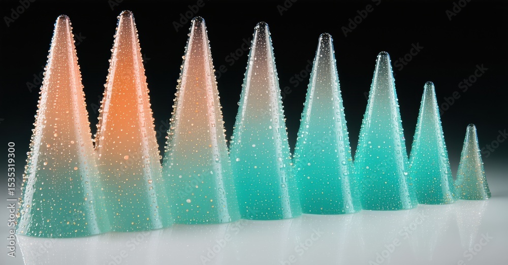 Aufkleber colorful cone shapes stand in row. gradient hues transition from orange to teal. reflective surface 