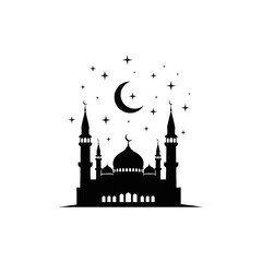 Mosque & Minarets Icon: Crescent Moon & Twinkling Stars Silhouette