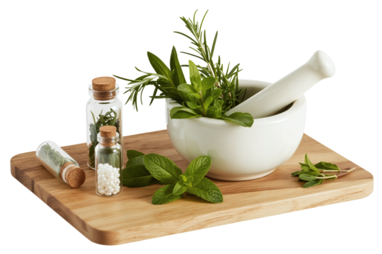 Fresh Herbs and Cooking Ingredients on Wooden Board