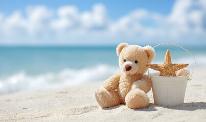 adorable round teddy bear beside starfish and a beach bucket, clear and sharp sand, ocean, Generative AI