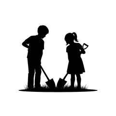 Fototapeta premium Kids Planting Trees Icon: Environmental & Agricultural Skills Silhouette