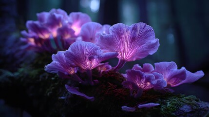 Purple mushrooms glowing in dark forest nature photography magical fungi scene