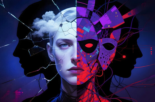 Schizophrenia, woman in mask, Schizophrenia, Dual personality, Fragmented identity, Split mind, Mental disorder, Surreal portrait, Inner conflict, Broken mirror, Abstract face