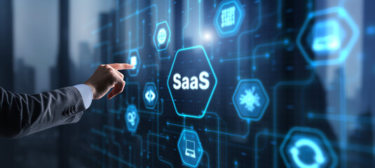 SaaS software as a service concept with hand pressing a button