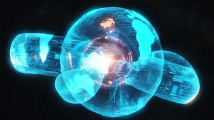 A living 3D globe neural network, electric continent interconnected glowing, intelligent mesh Drones fly globe fiber optics Data particles neurons. Futuristic UI overlays. cinematic 3D 4K volumetric - Powered by Adobe