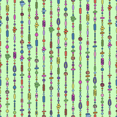 Beautiful seamless pattern of multicolored strings of beads on  light green background. Abstract shapes, scrapbooking, decoration. For backgrounds, wallpapers, textiles, packaging, or  website.