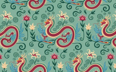 Chinese Minority Folk Art (Miao Embroidery Inspired), Elegant Teal Dragon and Floral Seamless Pattern
