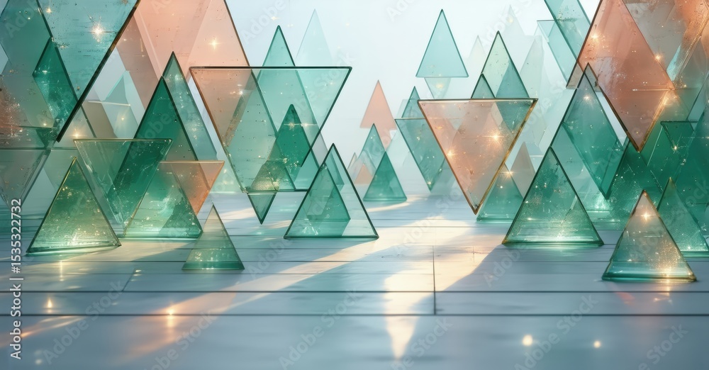 Aufkleber abstract geometric shapes fill space. glass pyramids, rectangles create luminous scene. light reflec