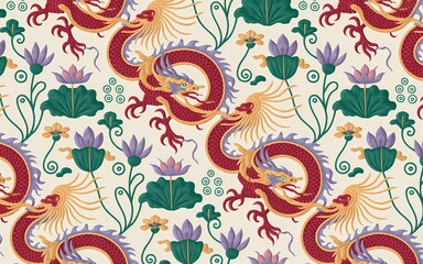 Chinese Minority Folk Art (Miao Embroidery Inspired), Intricate Dragon and Floral Pattern in Red, Gold, and Purple on Cream Background