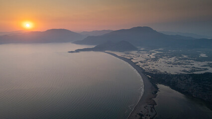 Aerial drone view of Dalyan delta and Iztuzu beach. Turkey. 