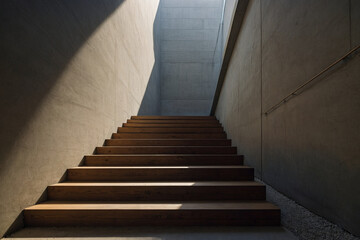 Fototapeta premium A modern staircase corner with light filtering through wooden slats and falling gently onto concrete steps, the rhythm of light and shadow creates cinematic balance while the framing