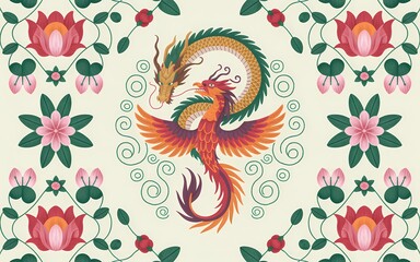 Chinese Minority Folk Art (Miao Embroidery Inspired), Mythical Phoenix and Dragon with Floral Ornamentation on a Cream Background