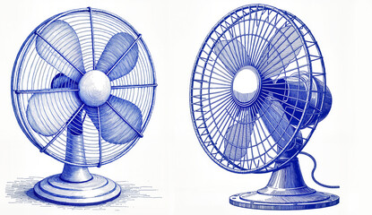Vintage fan sketches in blue ink on white background, conceptual design, collage  