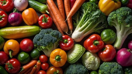 Photorealistic flat lay of vibrant vegetables arranged as a full background. Crisp textures and vivid colors highlight freshness and organic appeal. No text or people.