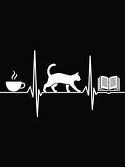 A stylized heartbeat line connects a steaming coffee cup, a cat, and an open book
