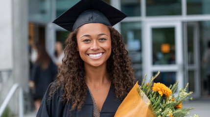 A graduate holding a bouquet of flowers and a diploma, smiling broadly, standing outside their college in full cap and gown