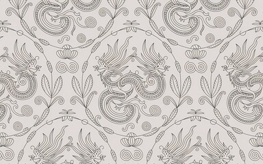 Obraz premium Chinese Minority Folk Art (Miao Embroidery Inspired), Intricate Dragon and Floral Pattern in Black Lines on a Light Background