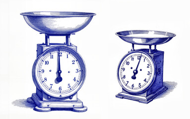 Vintage kitchen scales in blue ink illustration on a white background, collage
