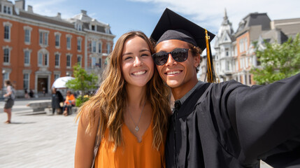A graduate and their best friend celebrating graduation day with a selfie in front of the college, sunny weather