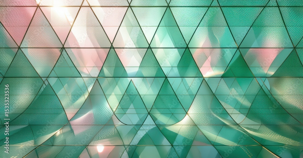 Poster Geometric ceiling structure. Teal, pink hues create abstract pattern. Light shines through glass panels, forming dynamic shapes.