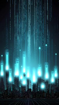 Futuristic City Nightscape with Cyan Data Streams