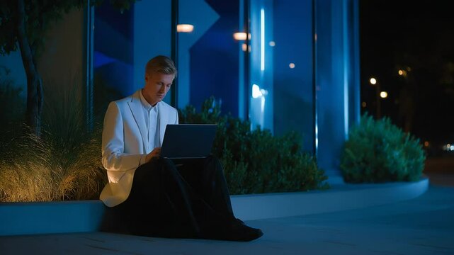 Nighttime Security Guard Monitoring Remote Cameras