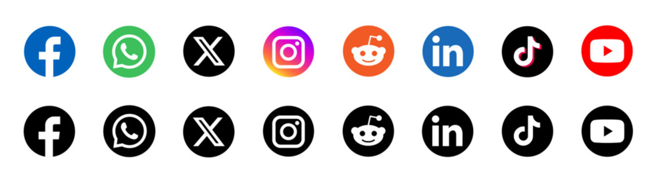 Social network logos facebook, whatsapp, instagram, x, youtube, tiktok, reddit, linkedin. Social media vector icon set.