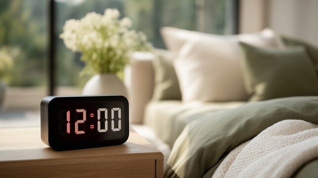 Digital Alarm Clock on a Muted Sage Green Bedspread