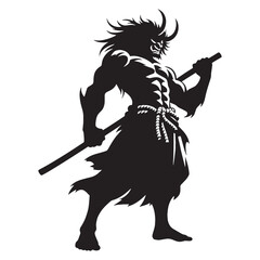 Classic Radiant Oni Enigmatic Figure of Terror Depiction Graphic with Fiery Backdrop - oni silhouette - oni vector - silhouette of oni - Oni illustration - mythical creature silhouette
