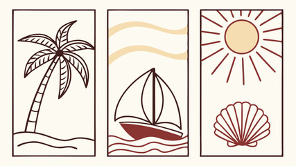 Obraz premium Hand drawn coastal illustrations of palm tree sailboat sun and seashell with transparent background