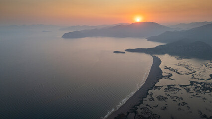 Aerial drone view of Dalyan delta and Iztuzu beach. Turkey. 