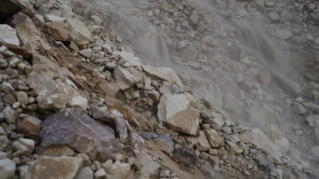 Rockslide on a steep mountain slope with dust clouding the air and loose gravel cascading downward causing erosion.
