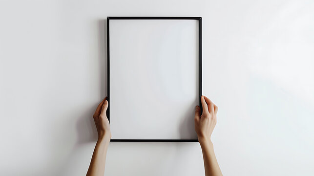 A person is holding a black frame with a blank white space against a white wall, creating a minimalist and modern mockup for displaying art or posters, isolated on white background