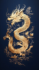 Fototapeta premium Golden Dragon with Intricate Design on a Dark Blue Background