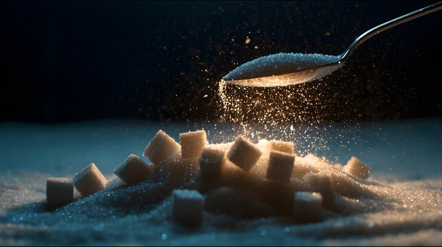 Sugar cubes and granulated sugar falling from a spoon in a dark background