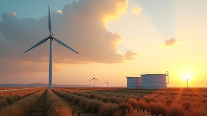 Obraz premium lone turbine spins windswept landscape surrounded rows sleek silver hydrogen tanks warm golden light dusk captured