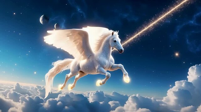 White Pegasus with Glowing Horn Flying Over Clouds Under Starry Night Sky with Comet in Background