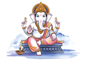 Ethereal Watercolor Illustration of Ganesha in Lotus Position