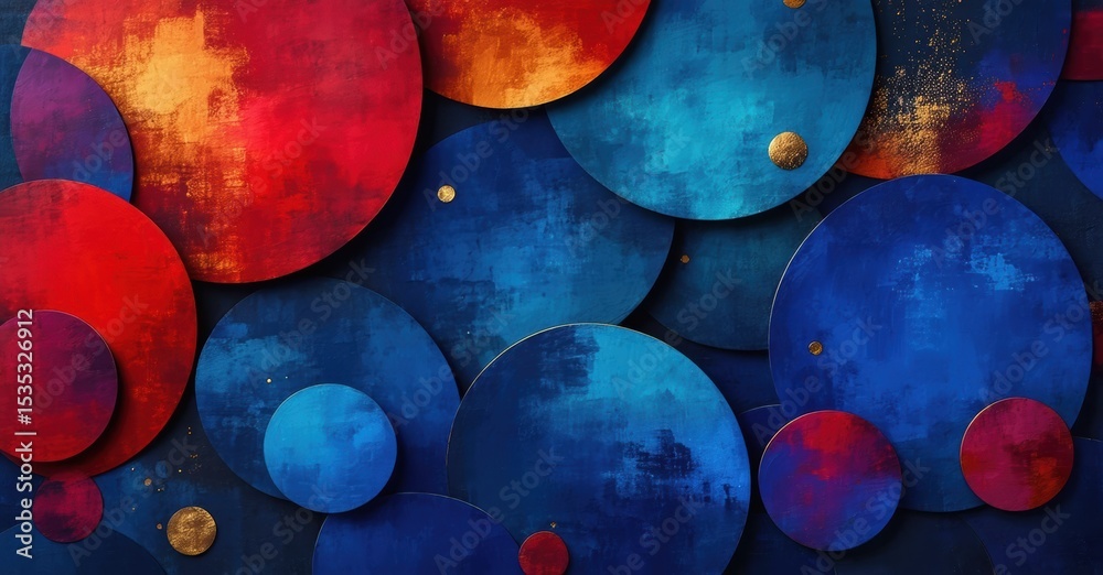 Poster abstract circles overlap, creating textured background. red, blue hues dominate composition. gold ac